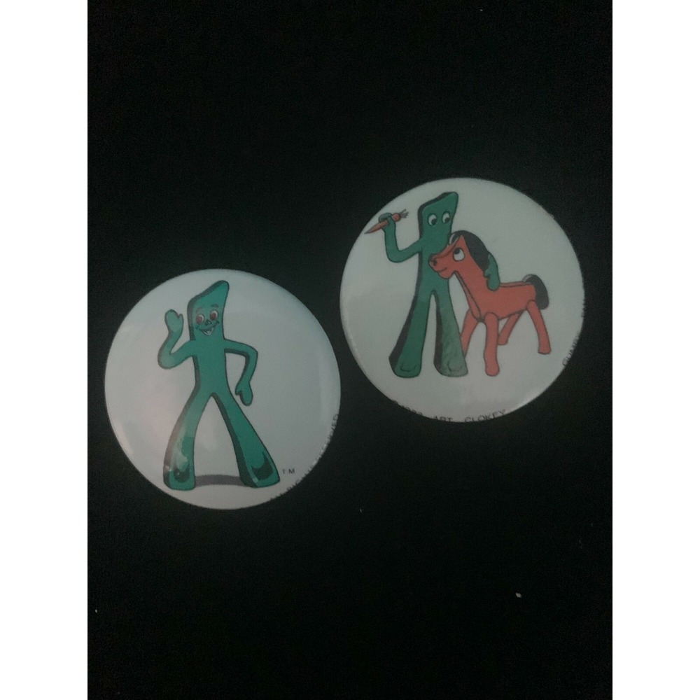 Vintage 1983 Gumby and Pokey Pinback Buttons Set of 2 Art Clokey Retro Pins